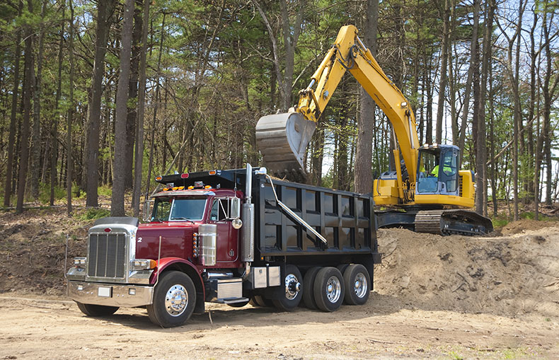 work truck with dump box and excavator